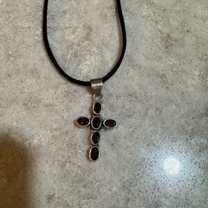 Silver and Deep Red Gemstone Cross Necklace